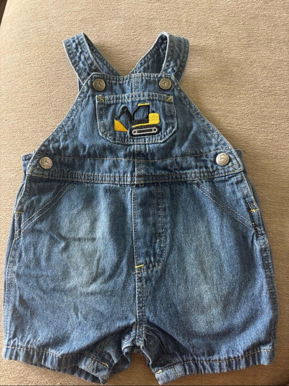John Deere Excavator Embroidered Overalls size 6/9 mo denim short